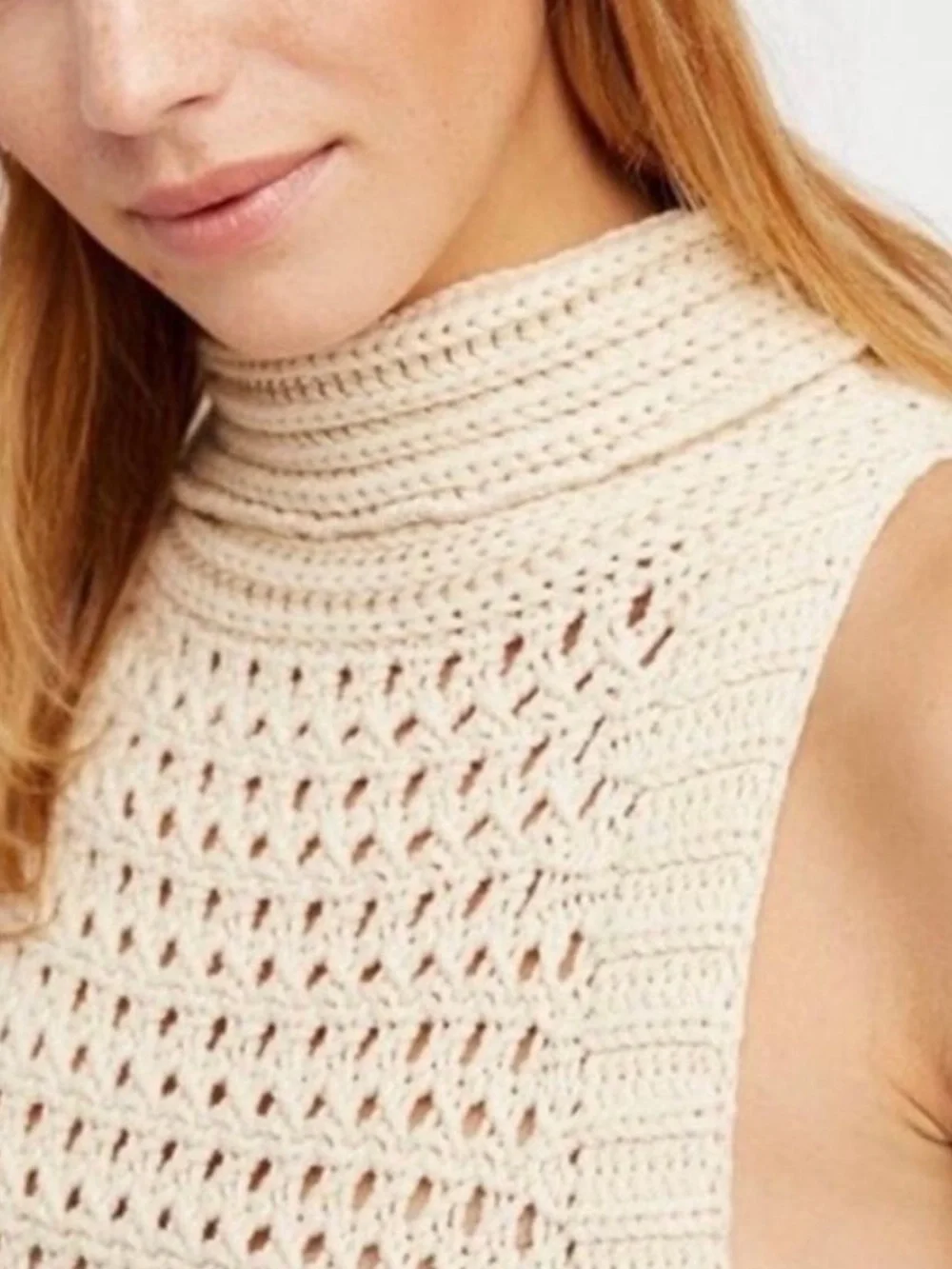 Free People Cream Crochet Mock Neck Sleeveless Top